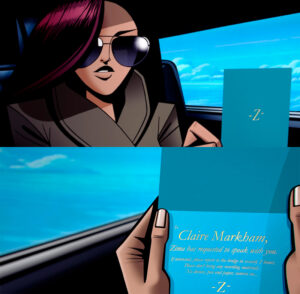 Convite do Zima Blue para a jornalista Claire Markham.