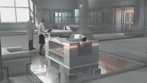 Desmond Miles utilizando a máquina do Animus.