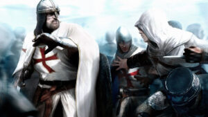 Imagem ilustrativa do conflito medieval entre templários e assassinos.